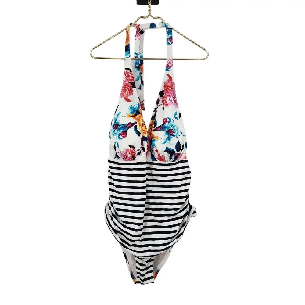 New Cupshe Bold Floral Stripe Halter Tummy Control One Piece Swimsuit 4X 4XL‎